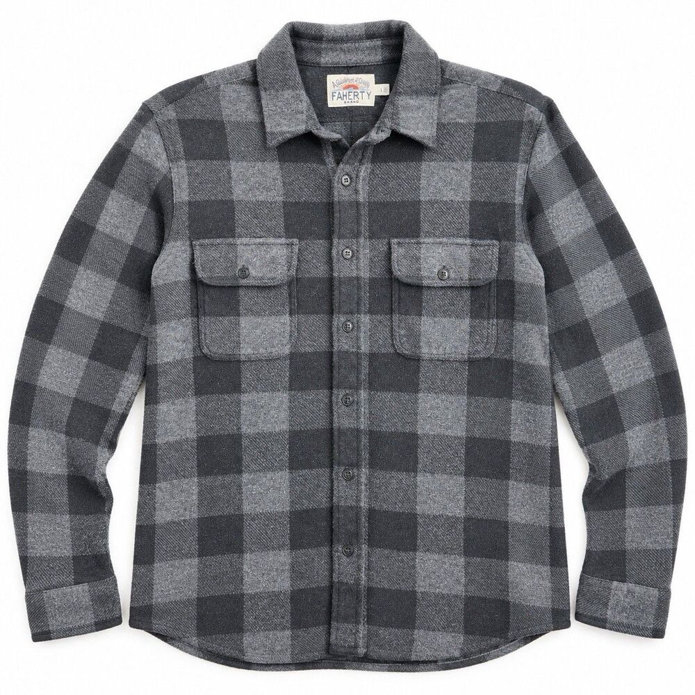 Faherty Legend Sweater Shirt Black Gray Plaid Brushed Stretch Men's L
